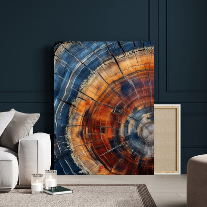 Canvas of colorful tree rings in rich blue and warm orange hues with cracked natural texture, ideal for rustic or earthy decor styles.