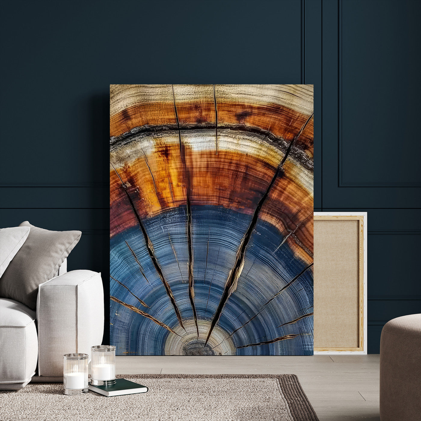 Canvas of a tree ring with bold blue and orange hues and cracked radial lines, ideal for rustic or earthy modern interiors.