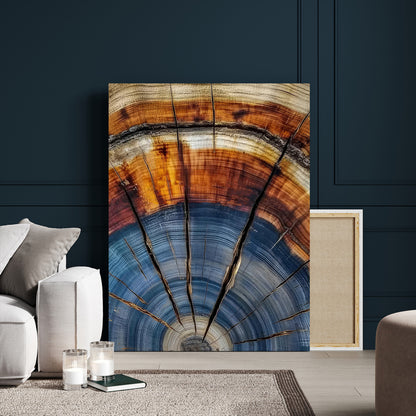 Canvas of a tree ring with bold blue and orange hues and cracked radial lines, ideal for rustic or earthy modern interiors.