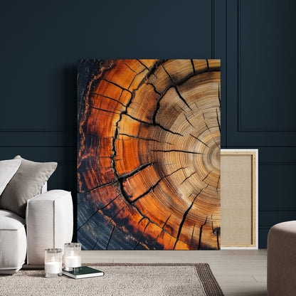 Canvas of a cracked tree ring with warm burnt orange tones and dark edges, ideal for rustic or earthy home decor themes.