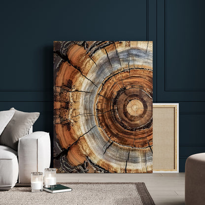 Canvas of tree rings and natural wood grain in earthy tones, ideal for rustic or vintage-inspired home decor with organic textures.