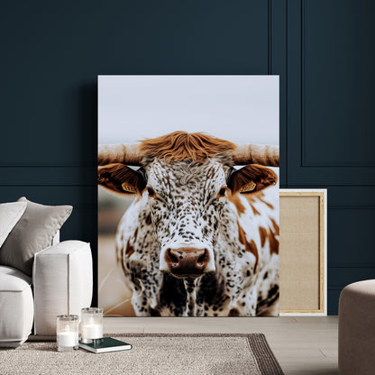 Close-up of a speckled Texas longhorn with wide horns and a bold gaze, perfect for rustic or country-style decor in warm tones.