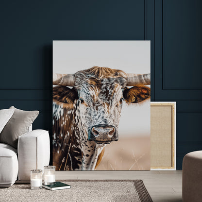 Canvas of a speckled Texas longhorn with wide curved horns and warm tones, perfect for rustic or country-style wall decor.