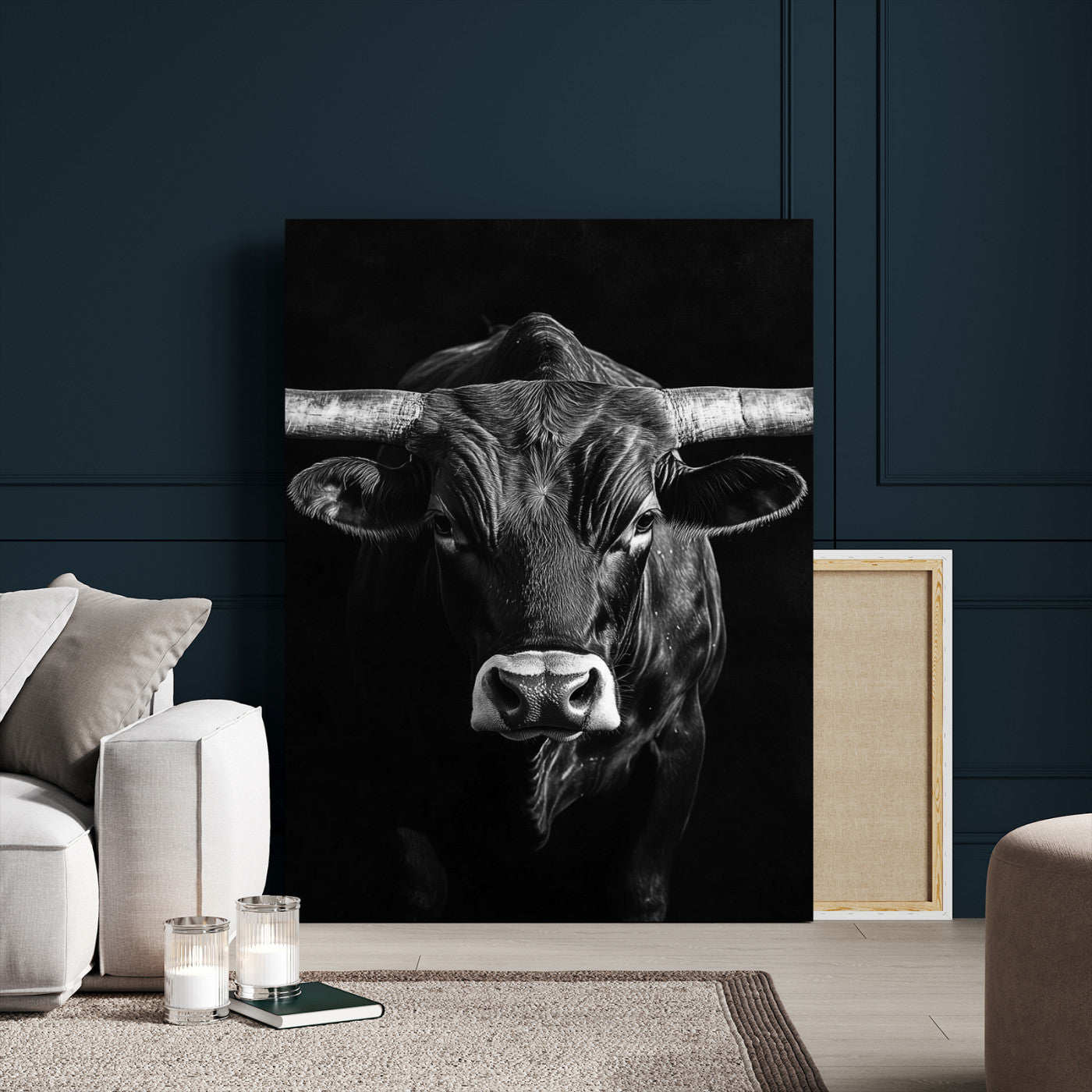 Canvas of a Texas longhorn in black and white with dramatic lighting and bold contrast, ideal for rustic or modern western wall decor.