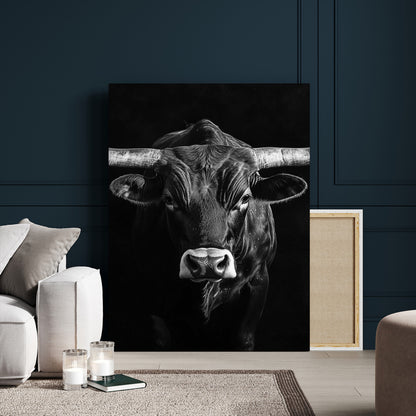Canvas of a Texas longhorn in black and white with dramatic lighting and bold contrast, ideal for rustic or modern western wall decor.
