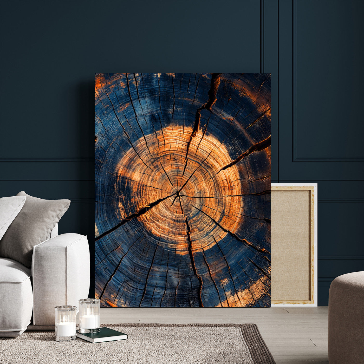 Close-up canvas of tree rings with burnt orange and deep blue tones, perfect for rustic or earthy-themed home decor.