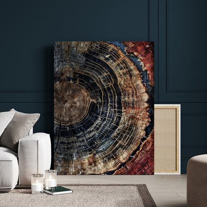 Rustic canvas featuring detailed tree rings and dark earthy tones, ideal for moody wood or organic nature-inspired home decor.