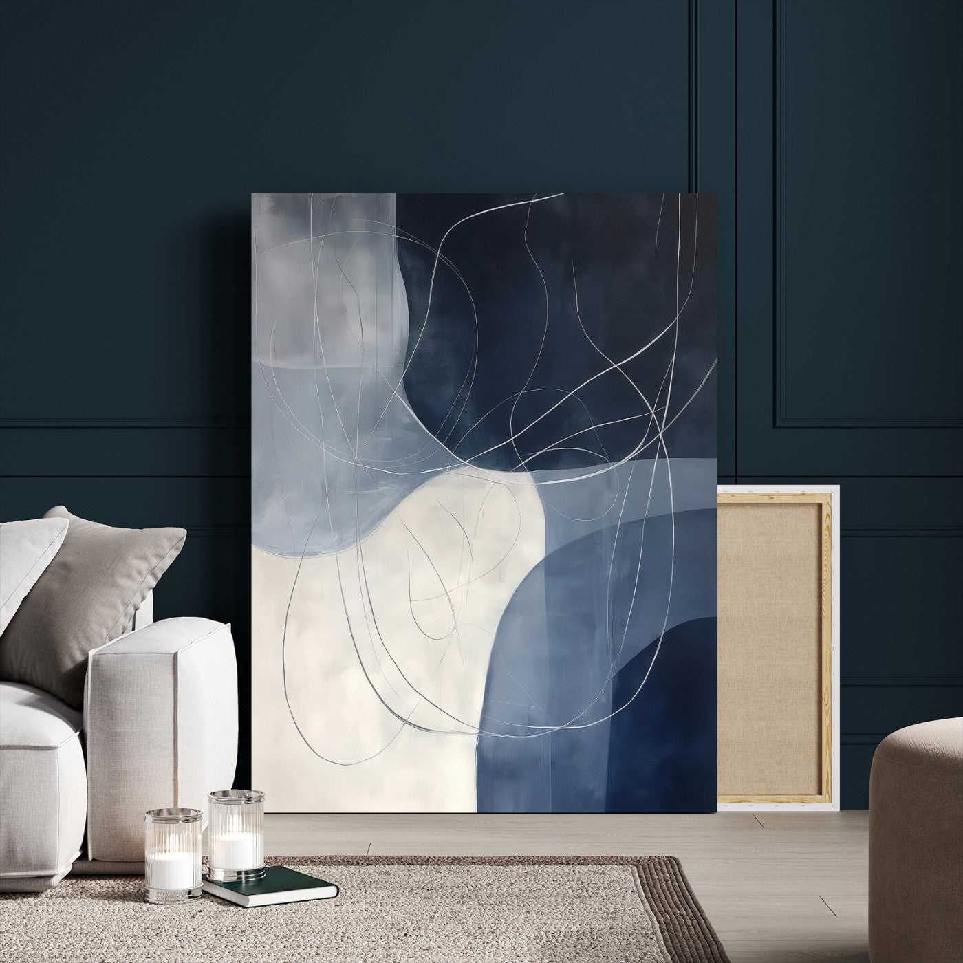 Contemporary abstract canvas with navy, grey, and white curved forms and fine line details, ideal for minimalist or modern interiors.