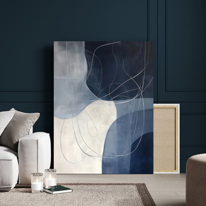 Contemporary abstract canvas with navy, grey, and white curved forms and fine line details, ideal for minimalist or modern interiors.