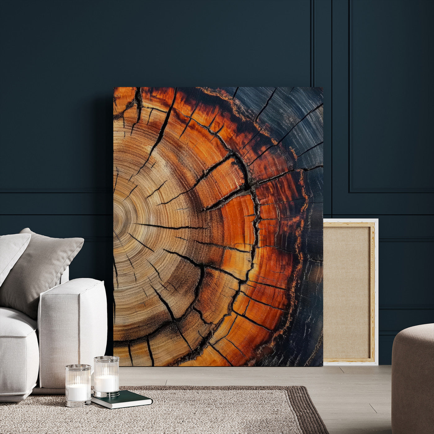Framed canvas of burnt tree rings with rich wood texture and warm tones, ideal for rustic or earth-inspired interior decor.