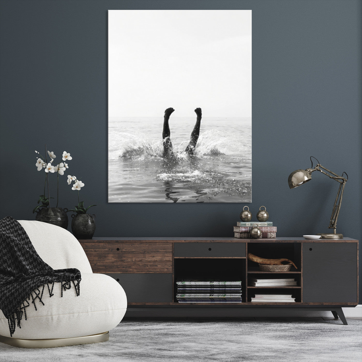 Black and white ocean art featuring a swimmer's legs mid-splash, perfect for minimalist, coastal, or monochrome modern interiors.
