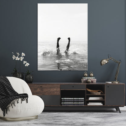 Black and white ocean art featuring a swimmer's legs mid-splash, perfect for minimalist, coastal, or monochrome modern interiors.