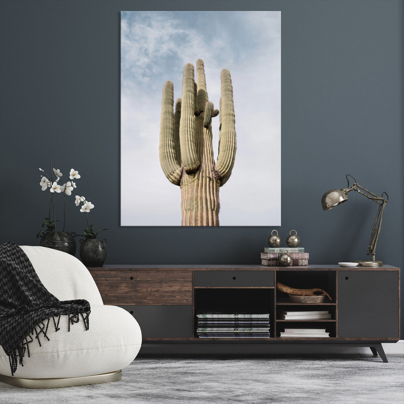 Vertical photo of a tall saguaro cactus against a soft sky, ideal for earthy or Southwestern home decor with warm neutral tones.