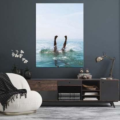 Vibrant ocean canvas of a playful diving splash, ideal for coastal or beach-themed interiors with a lively summer vibe.