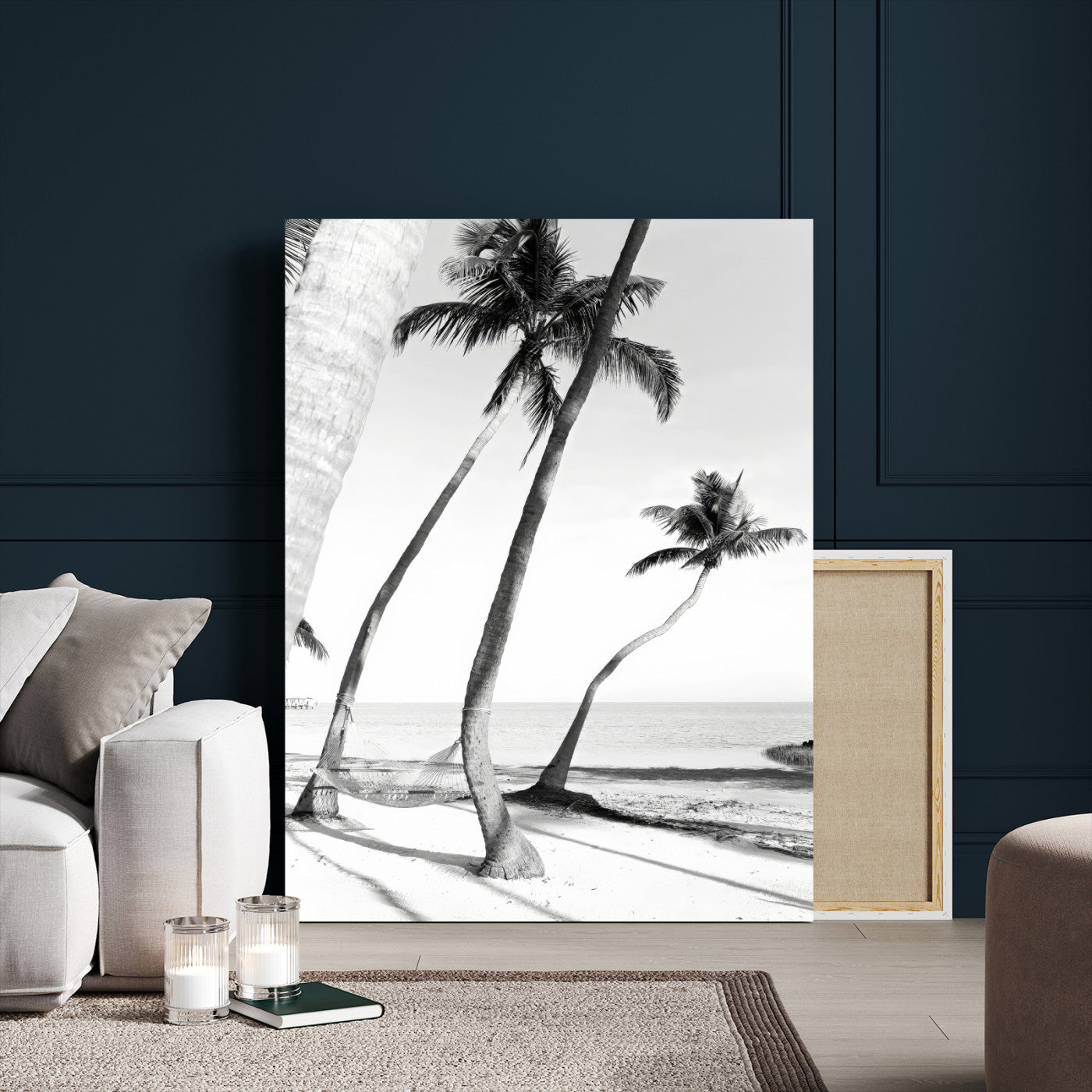 Black and white wall art of palm trees and a hammock on a beach, ideal for coastal minimalist or tropical-themed decor.
