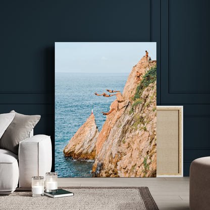 Canvas wall art capturing a bold cliff diving sequence into turquoise waters, perfect for vibrant and adventurous coastal or sporty interiors.