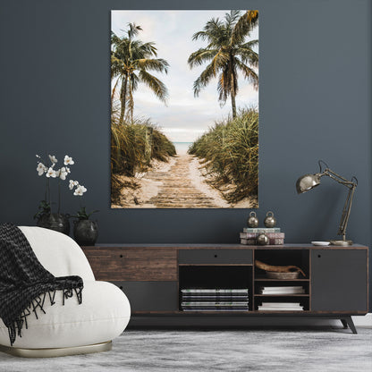 Canvas wall art of a tropical beach path with palm trees and dune grass, ideal for coastal entryways or tropical-inspired home decor.
