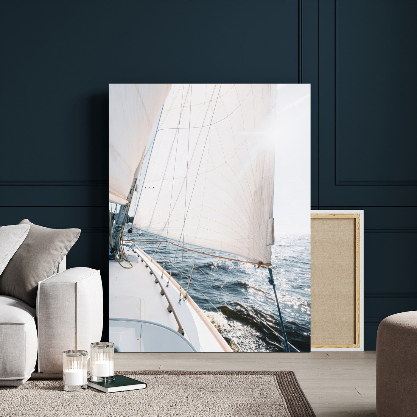 Canvas of a sailboat gliding on a sunlit ocean with white sails and sparkling water, ideal for coastal minimalist or nautical-style home decor.