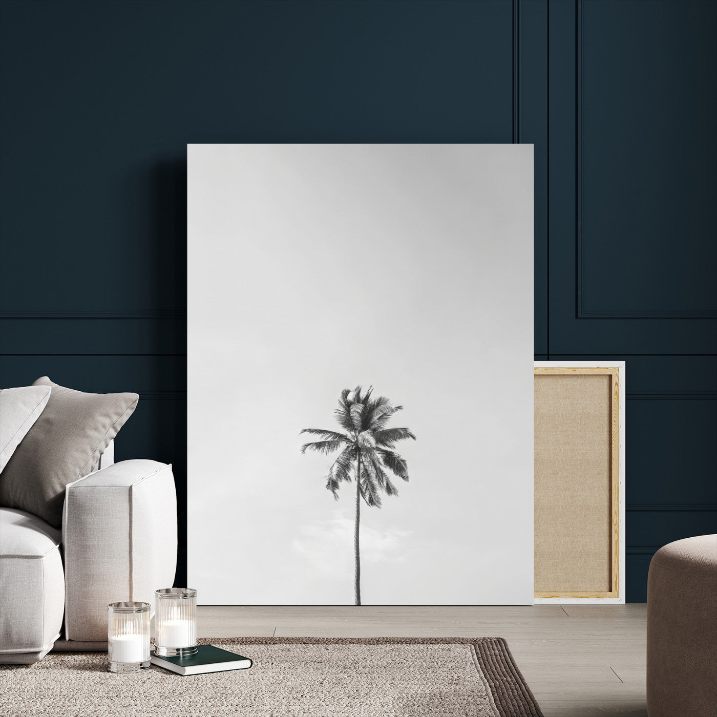 Canvas of a single palm tree in black and white with minimalist sky, ideal for modern coastal minimalist or tropical-inspired home decor.