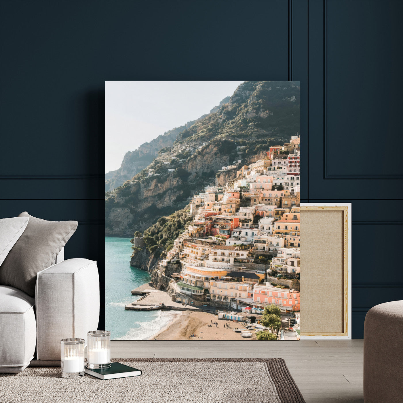 Canvas of colorful cliffside homes in Positano along the Amalfi Coast with warm tones, perfect for Mediterranean coastal or European-inspired home decor.