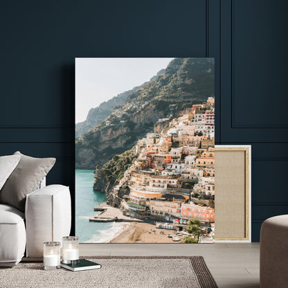 Canvas of colorful cliffside homes in Positano along the Amalfi Coast with warm tones, perfect for Mediterranean coastal or European-inspired home decor.