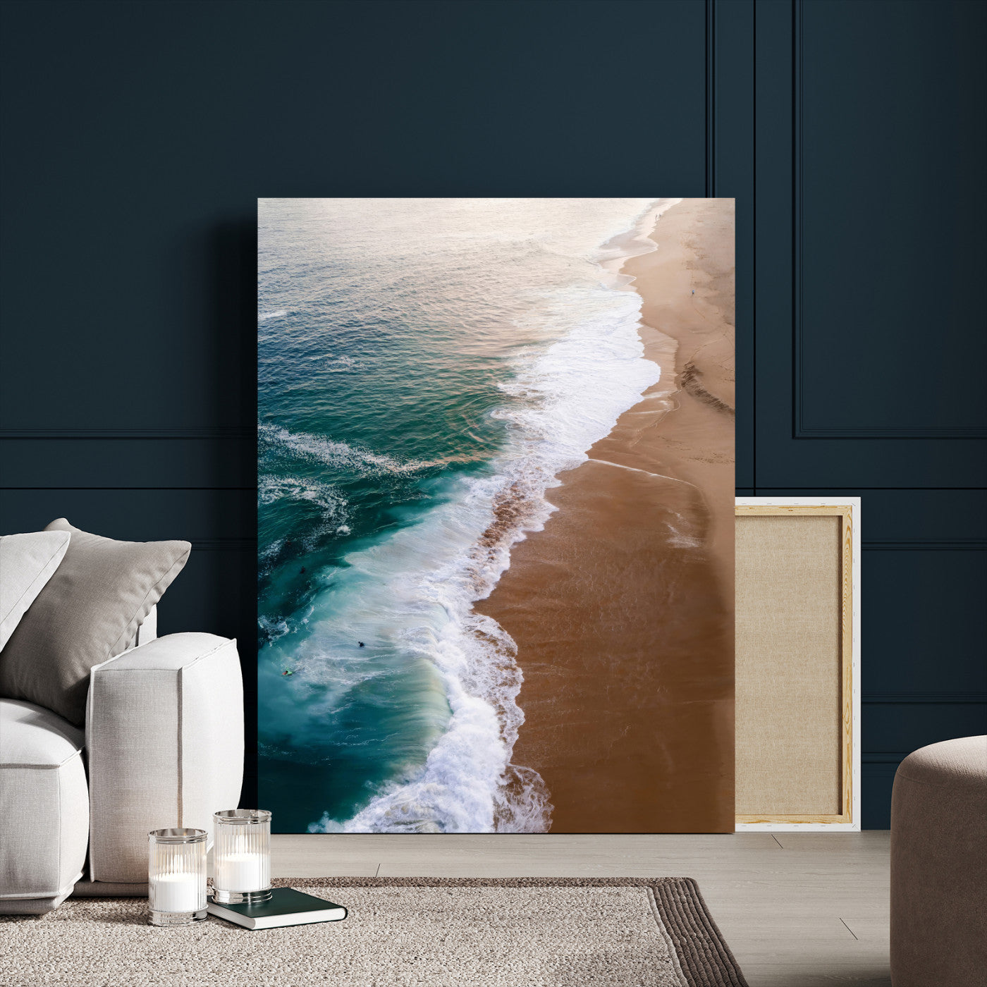 Canvas of a dreamy aerial beach scene with turquoise waves and soft sunset tones, ideal for modern coastal or minimalist home decor.