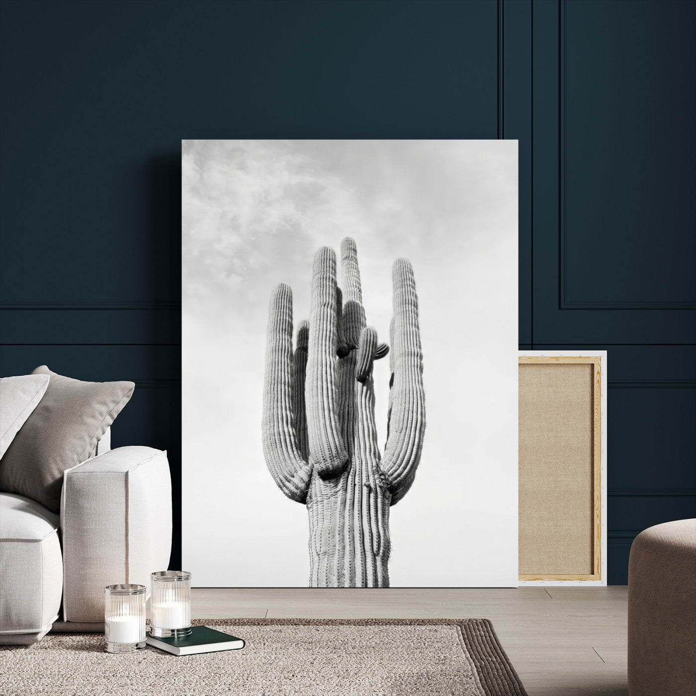 Canvas of a tall saguaro cactus in black and white with moody tones, perfect for southwestern minimalist or modern desert-themed home decor.