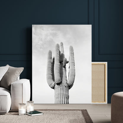 Canvas of a tall saguaro cactus in black and white with moody tones, perfect for southwestern minimalist or modern desert-themed home decor.