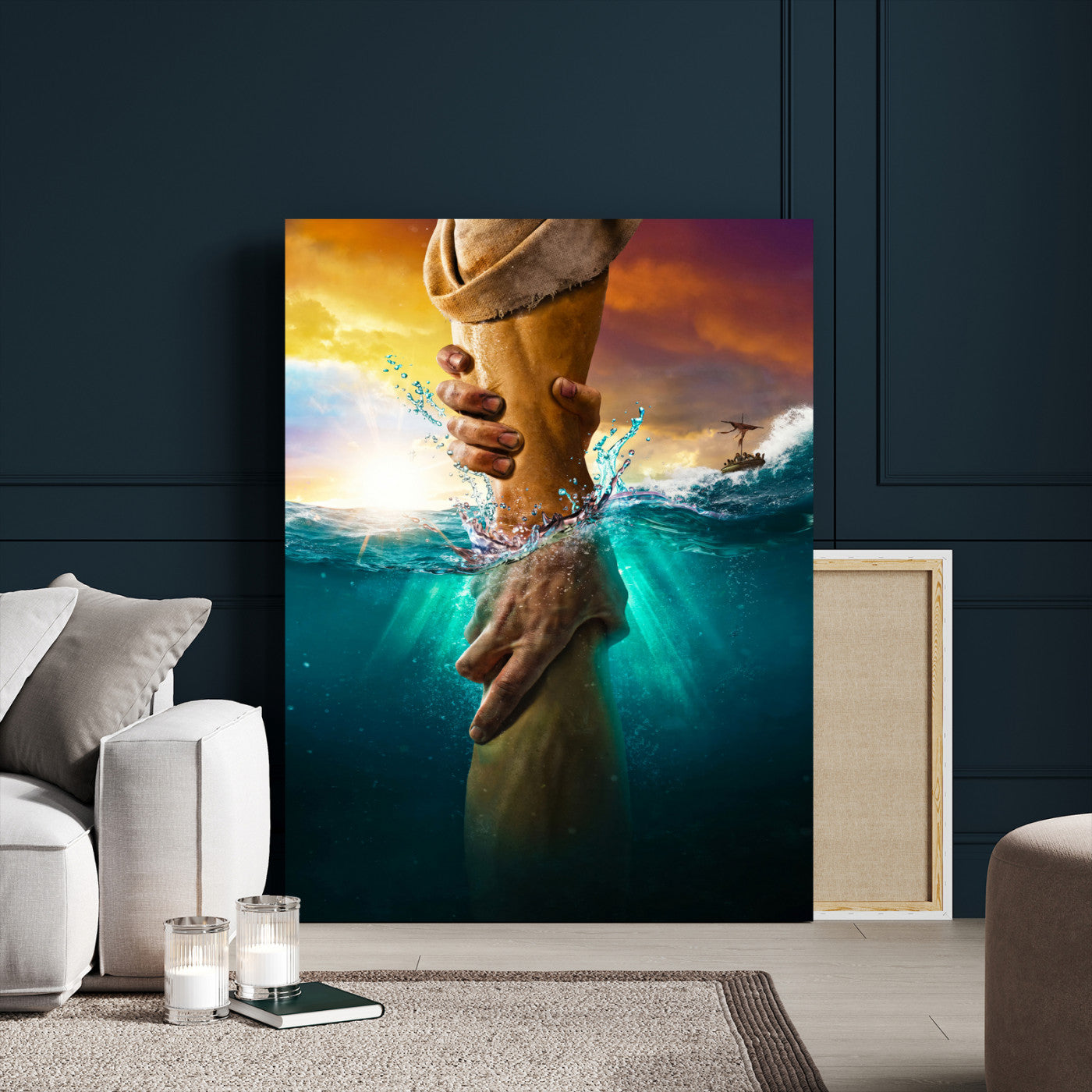 A dramatic scene of a hand reaching underwater and being lifted, symbolizing rescue and faith, ideal for spiritual or Christian wall decor.