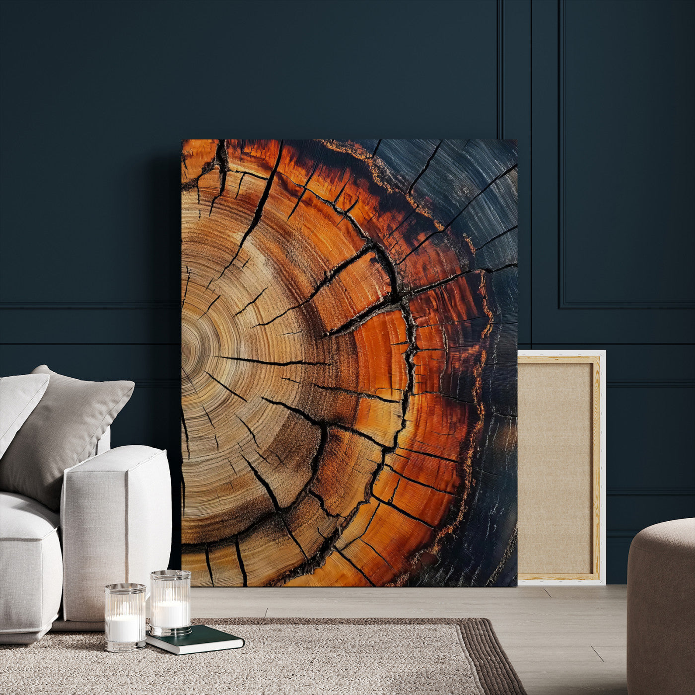 Close-up of a vibrant tree ring cross-section with orange and blue tones, ideal for rustic or boho-style interior decor.