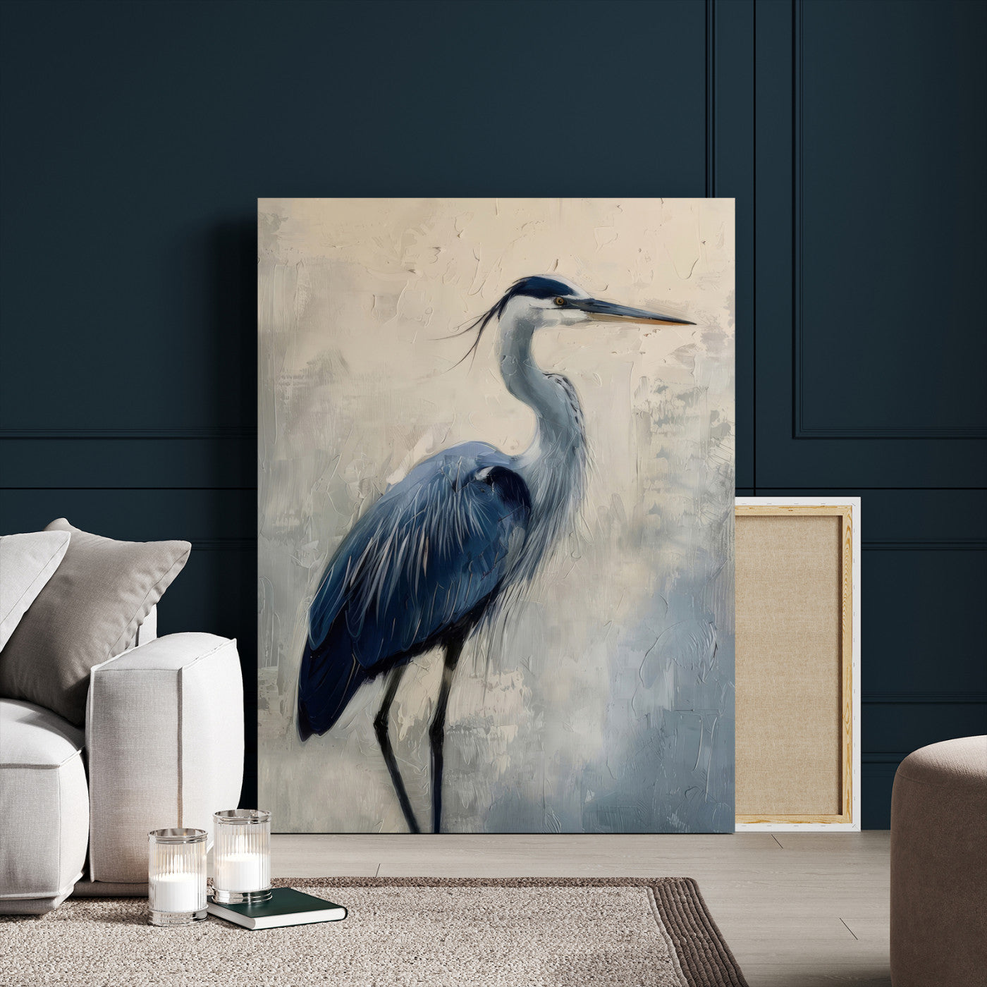 Blue heron standing gracefully on one leg, painted in soft neutrals and cool tones, perfect for modern coastal or nature-inspired decor.