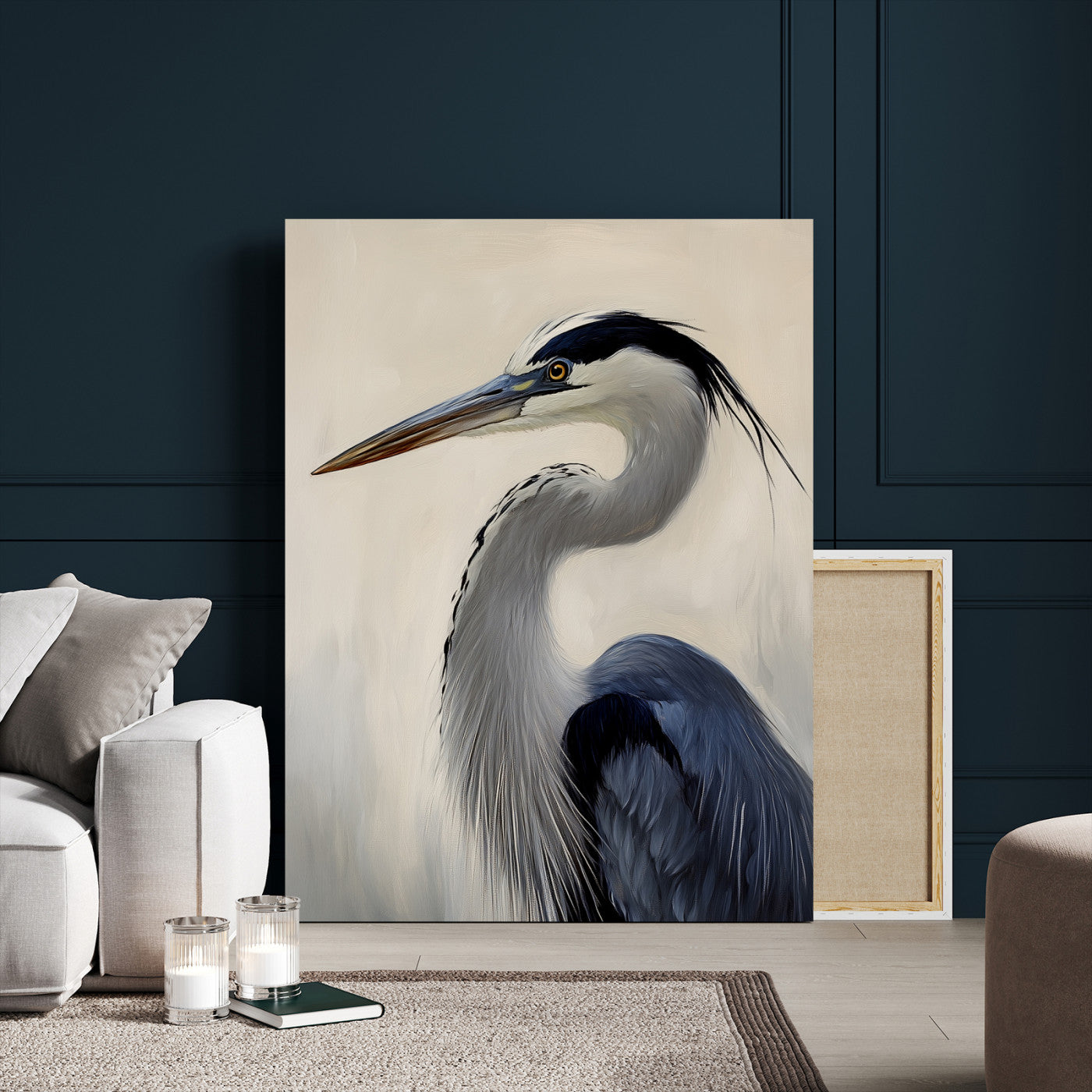 Single blue heron in profile with soft feathers and neutral tones, ideal for tranquil, coastal or nature-inspired interior settings.