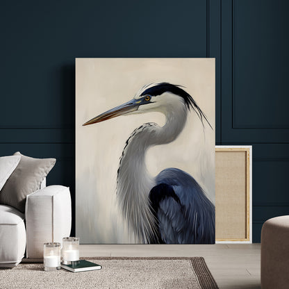 Single blue heron in profile with soft feathers and neutral tones, ideal for tranquil, coastal or nature-inspired interior settings.