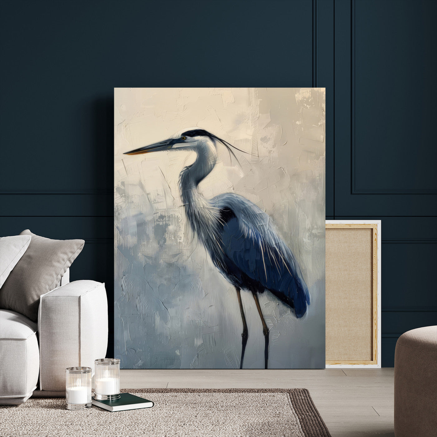 Elegant heron bird standing tall with soft brushstroke texture and muted tones, perfect for coastal or nature-themed home decor.