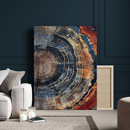 Close-up of a tree ring cross-section showing detailed growth rings in earthy tones, perfect for rustic or nature-inspired home decor.