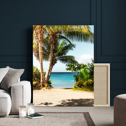 Tropical beach with palm trees, blue ocean, and clear sky, perfect for coastal or beach-themed wall decor in sunny living spaces.