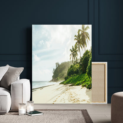 A tropical beach with palm trees, soft sand, and ocean waves under a bright sky, creating a peaceful and relaxing coastal view.