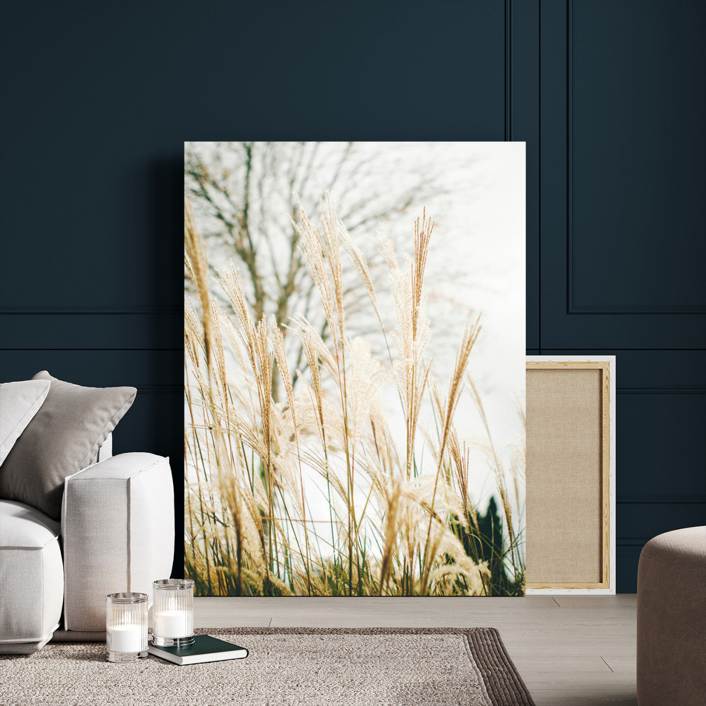 Soft beige pampas grass swaying in the breeze against a muted sky, creating a tranquil and minimalist botanical aesthetic.