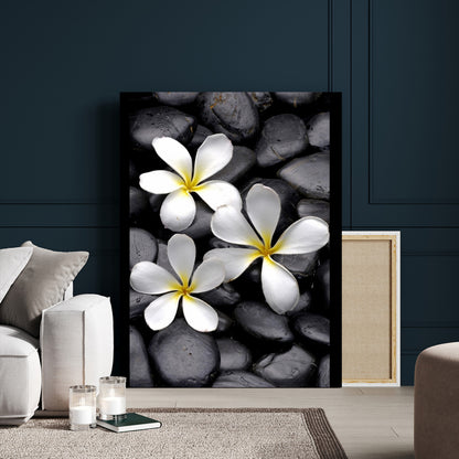 Large Wall Art White Flowers on Black Zen Meditation Stones Vertical Canvas Print