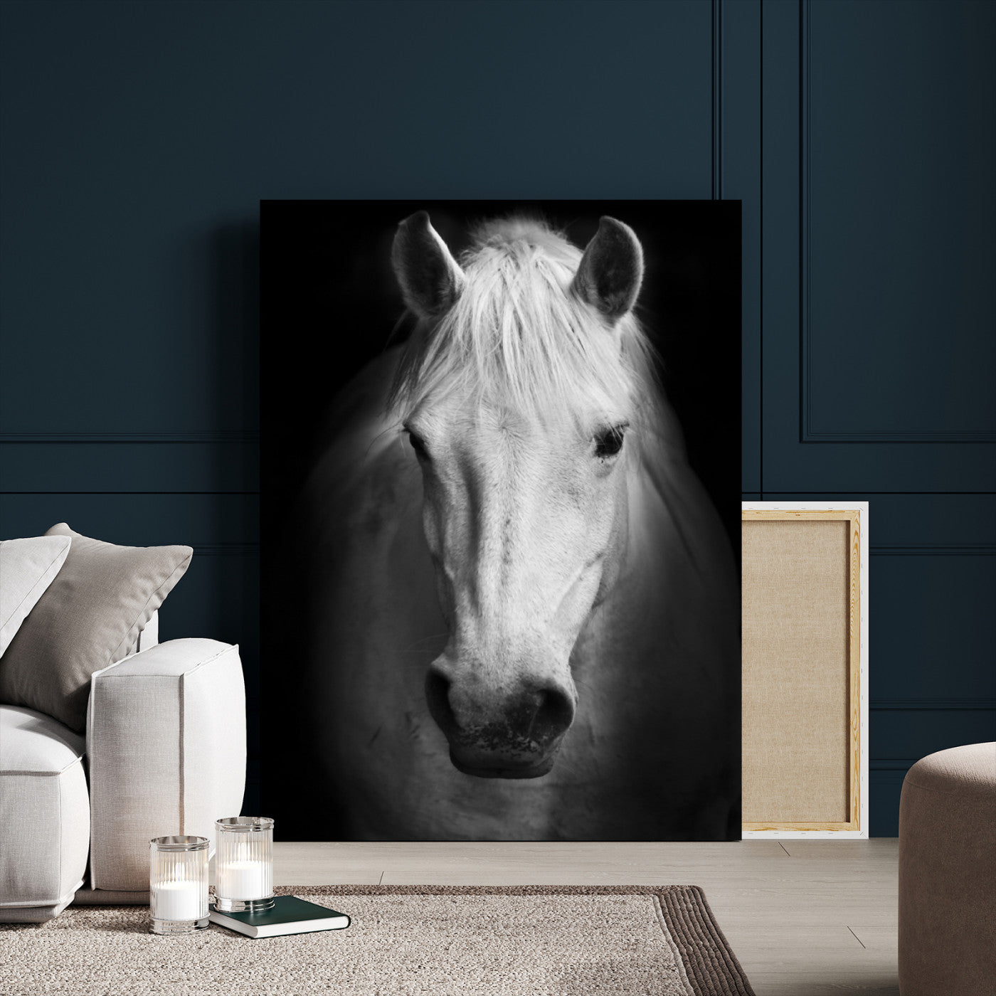 Large Wall Art White Horse on Black Background Canvas Print