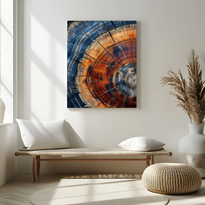Canvas of colorful tree rings in rich blue and warm orange hues with cracked natural texture, ideal for rustic or earthy decor styles.