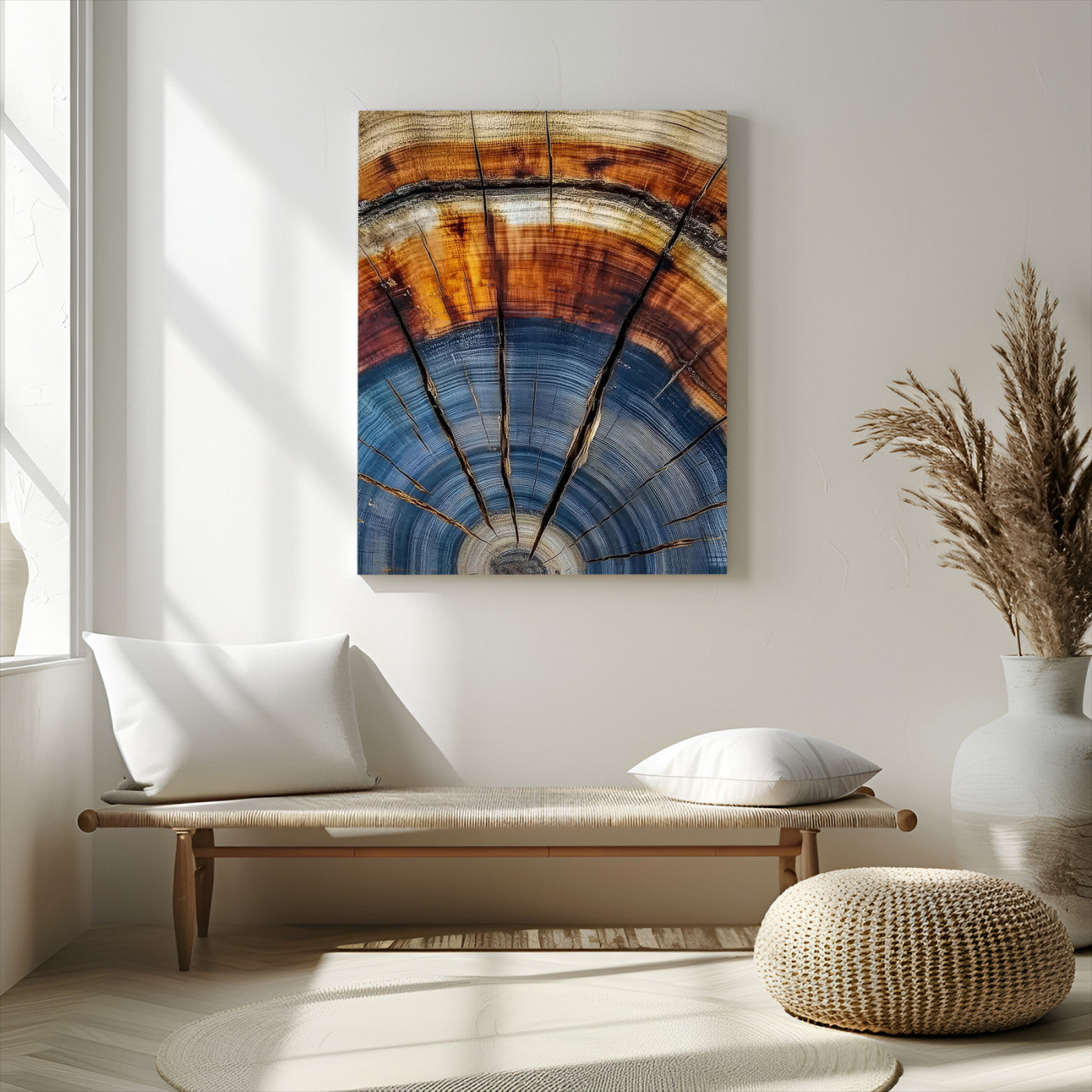 Canvas of a tree ring with bold blue and orange hues and cracked radial lines, ideal for rustic or earthy modern interiors.