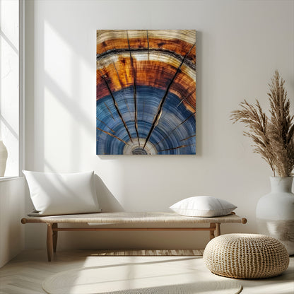Canvas of a tree ring with bold blue and orange hues and cracked radial lines, ideal for rustic or earthy modern interiors.