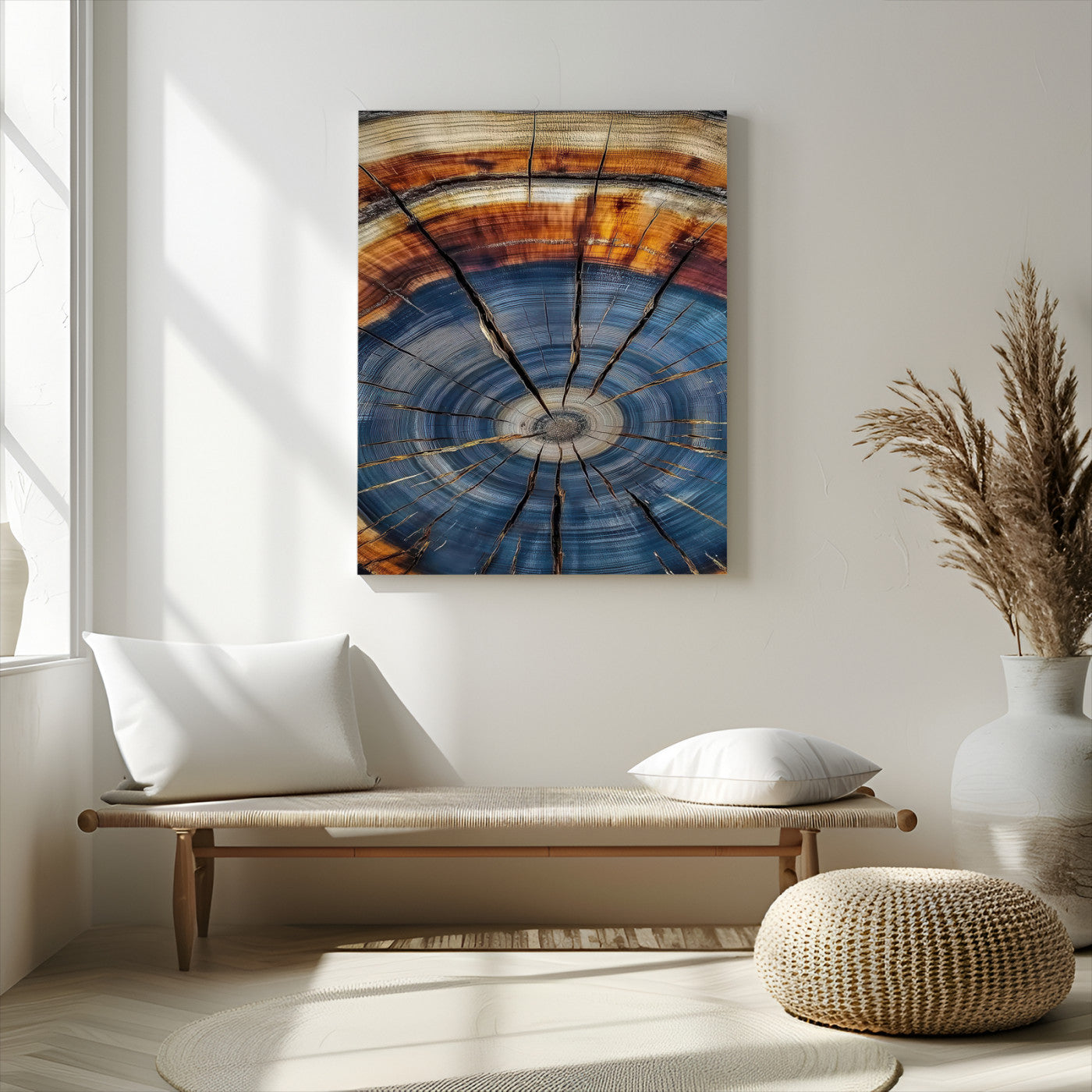 Canvas of a tree ring with bold blue and orange hues and cracked radial lines, ideal for rustic or earthy modern interiors.