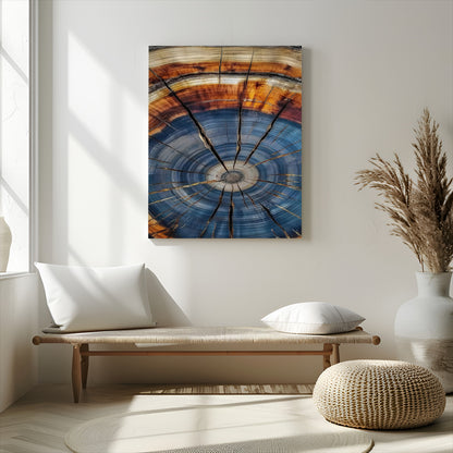 Canvas of a tree ring with bold blue and orange hues and cracked radial lines, ideal for rustic or earthy modern interiors.