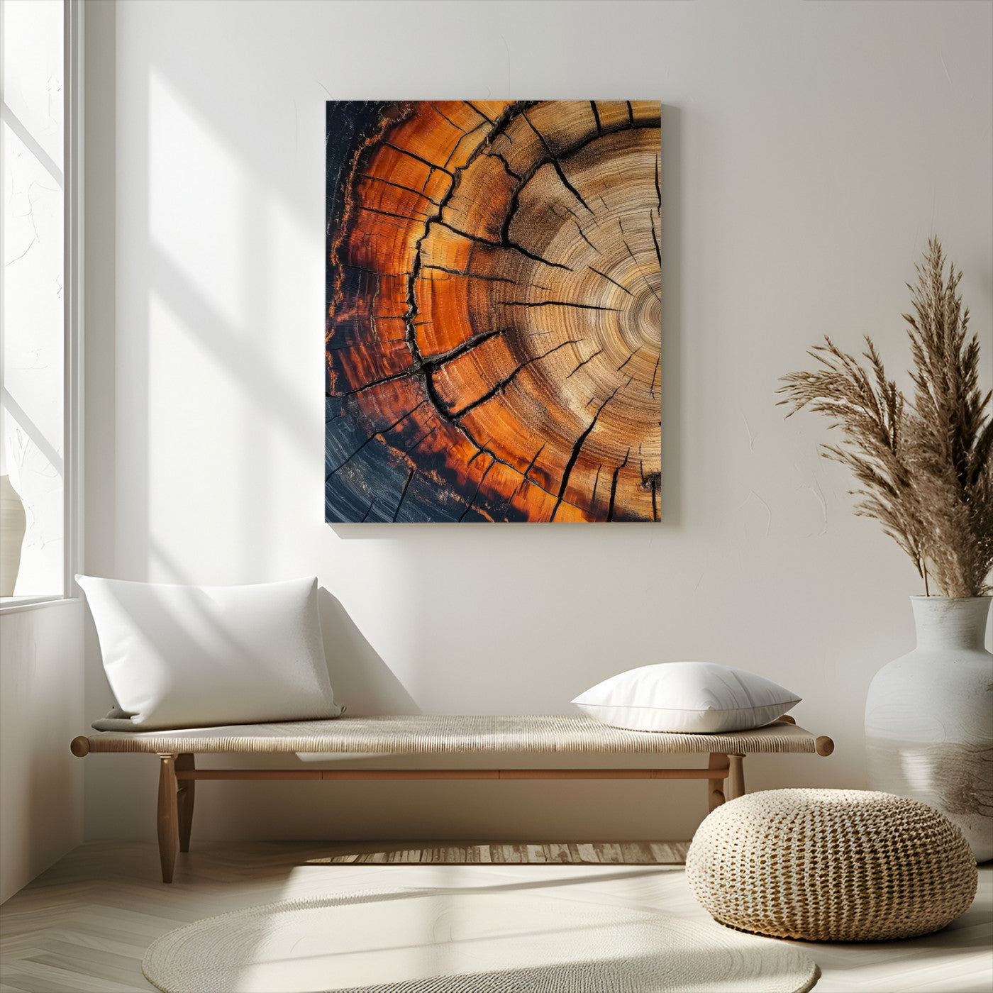 Canvas of a cracked tree ring with warm burnt orange tones and dark edges, ideal for rustic or earthy home decor themes.