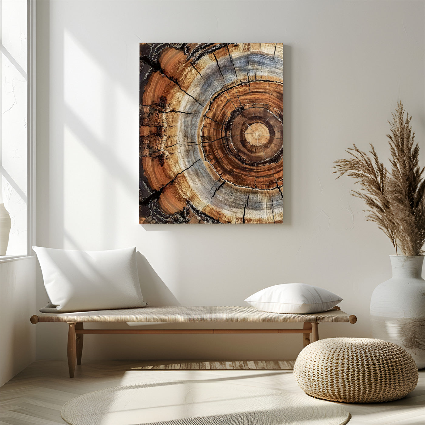 Canvas of tree rings and natural wood grain in earthy tones, ideal for rustic or vintage-inspired home decor with organic textures.