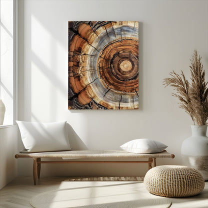Canvas of tree rings and natural wood grain in earthy tones, ideal for rustic or vintage-inspired home decor with organic textures.