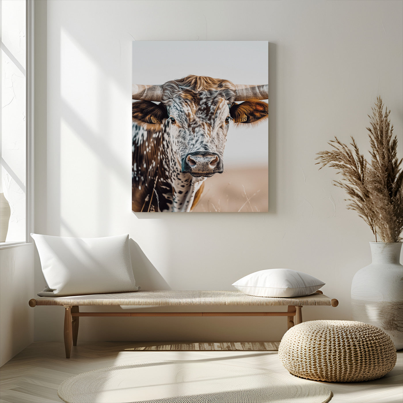 Canvas of a speckled Texas longhorn with wide curved horns and warm tones, perfect for rustic or country-style wall decor.