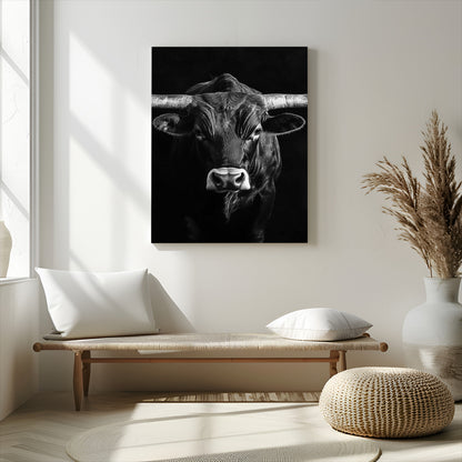 Canvas of a Texas longhorn in black and white with dramatic lighting and bold contrast, ideal for rustic or modern western wall decor.